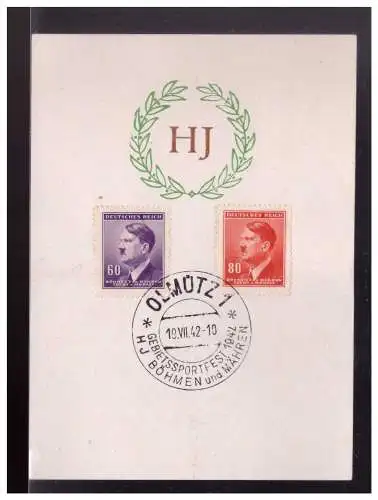 [Propagandapostkarte] BM (023022) Propagandagedenkblatt HJ (Hitlerjugend) mit Sonderstempel Olmütz 19.7.1942. 