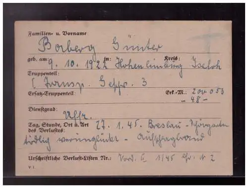 Dt- Reich (023046) Postkarte Verustmeldung eines Unteroffiziers, Verlustmeldung des Fliegerhorstes vermisst 27.1.1945