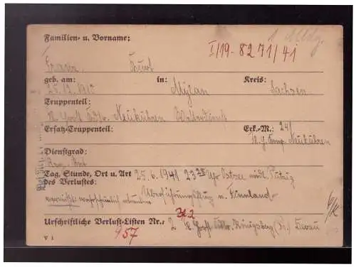 Dt- Reich (023047) Postkarte Verustmeldung, Überführungsflug nach Finnlad nördlich Putzig vermisst 25.6.1941