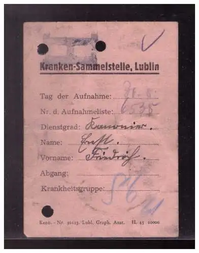 Dt- Reich (023054) Vordruck Kranken- Sammelstelle, Lublin gebraucht