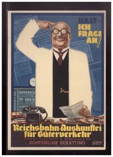 [Ansichtskarte] Dt- Reich (023056) Reichsbahn-Auskunftei für Güterverkehr, sign. WER, rks. Stegstempel "DRESDEN-AUSSTELLUNG 1938. 