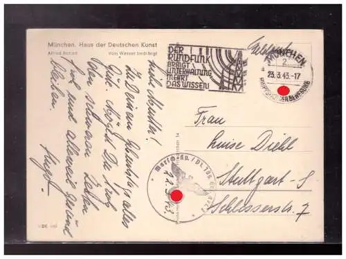 [Propagandapostkarte] Dt- Reich (023113) Postkarte Haus der deutschen Kunst, gelaufen mit Feldpost München 23.3.1943, Vom Wasser bedrängt. 