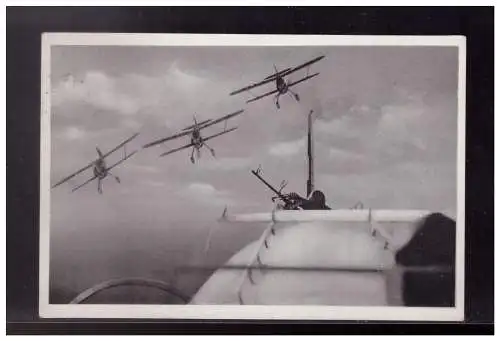 [Propagandapostkarte] Dt- Reich (023184) Bildpostkarte Unsere Luftwaffe, Eine Kette Jagteinsitzer greifen Kampfflugzeuge an, gel. Delmenhorst. 