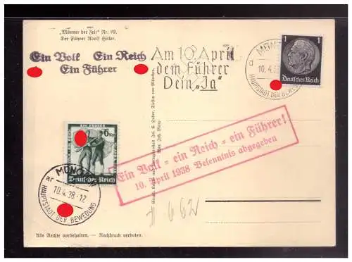 [Propagandapostkarte] Dt.- Reich (023194) Propagandakarte Männer der Zeit Nr 92, der Führer Adolf Hitler, blanco gestempeln München. 