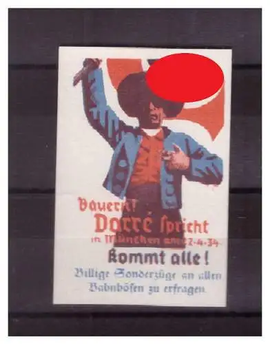 [Propagandapostkarte] Dt- Reich (023263) Vignette Bauern! Darre spricht in München  am 24.4.1934 kommt alle! Billig Sonderzüge. 