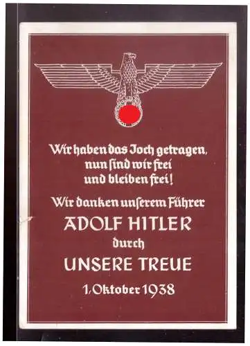 [Propagandapostkarte] Sudetenland (023281) Propaganda  Wir Danken unseren Führer Adolf Hitler..., gelaufen. 