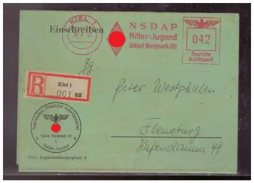 [Propagandapostkarte] Dt- Reich (023308) Propagandabrief Einschreiben Einberufungsbefehl zur Hitler Jugend mit Freistempler HJ Nordmark. 