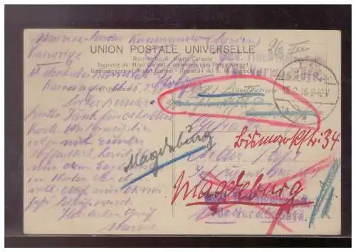 [Propagandapostkarte] Dt- Reich (023334) Ak Berg Karmel, Nachsende Postkarte mit Stempel Verwunderte, gelaufen Feldpost 18.2.1918. 