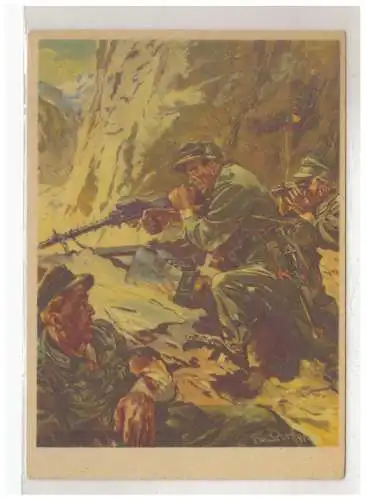 [Propagandapostkarte] DT-Reich (023390) Propagandakarte farbig Gebirgsjäger MG- Nest, ungebraucht. 