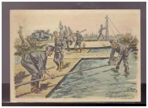 [Propagandapostkarte] DT-Reich (023391) Propagandakarte farbig Pioniere beim Brückenbau, ungebraucht. 