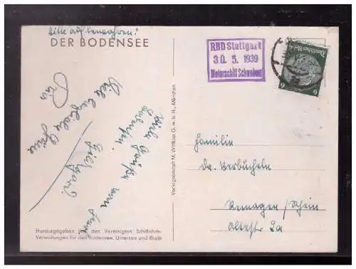 [Propagandapostkarte] DT-Reich (023404) AK Der Bodensee gelaufen mit Nebenstempel RDB Stuttgart, Motorschiff Schwaben, gel. 30.5.1939. 