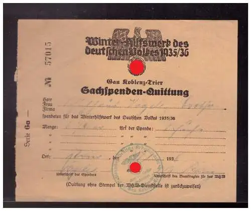 DT-Reich (023416) Propaganda WHW Sachspenden Quittung 1935/ 36 Gau Koblenz- Trier mit Dienststempel