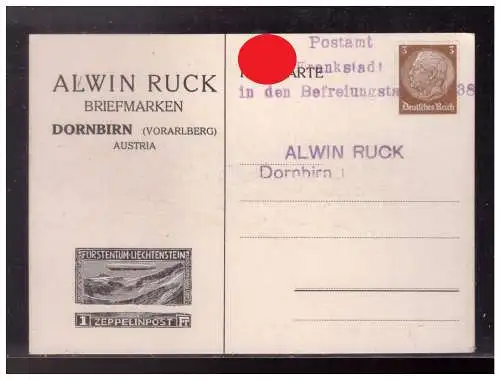 [Propagandapostkarte] DT-Reich (023426) Propaganda Postkarte (Alwin Buck) Postamt Frankstadt, in den Befreiungstagen 1938. 