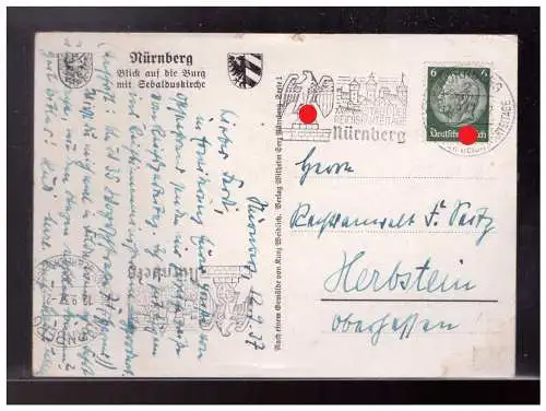 [Propagandapostkarte] Dt- Reich (023430) Propagandakarte Nürnberg die Stadt des Reichsparteitags, Blick auf die Burg, gelaufen Nürnberg 1937. 