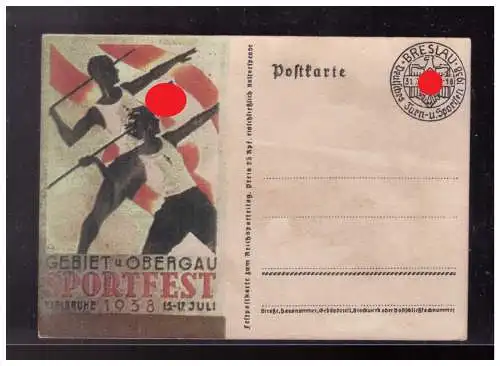[Propagandapostkarte] Dt- Reich (023436) Propaganda Postkarte Gebiet Obergau Sportfest Karlsruhe Juli 1938 mit gedruckt blanco Stempel Breslau. 