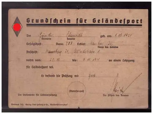 Dt.- Reich (023467) Hitler- Jugend Grundschein für Geländesport Hamburg 1941