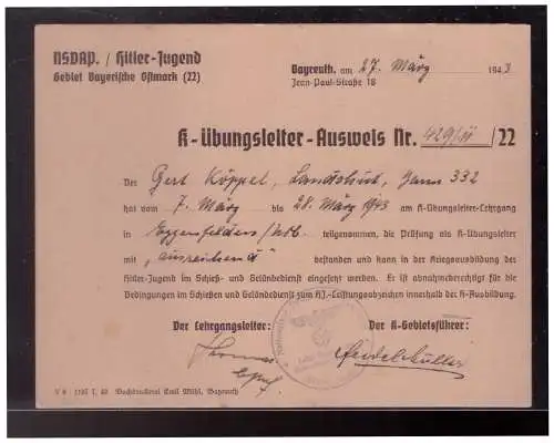 Dt.- Reich (023468) Hitler- Jugend Gebiet Bayrische Ostmark, K-Übungsleiter Ausweis, Eggenfelden 1943