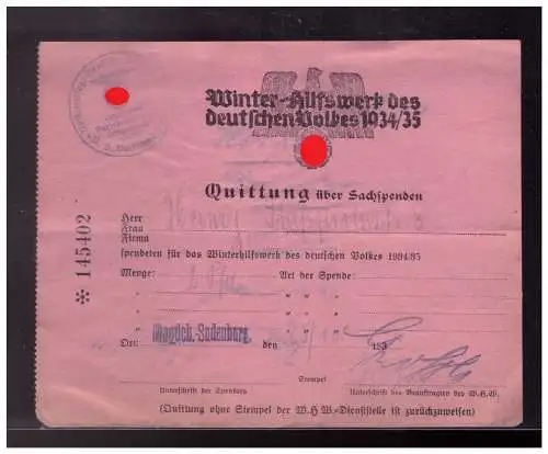 DT-Reich (023471) Propaganda WHW Sachspenden Quittung 1934/ 35 Gau Magdeburg 1934