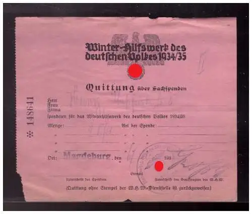 DT-Reich (023472) Propaganda WHW Sachspenden Quittung 1934/ 35 Gau Magdeburg 1934