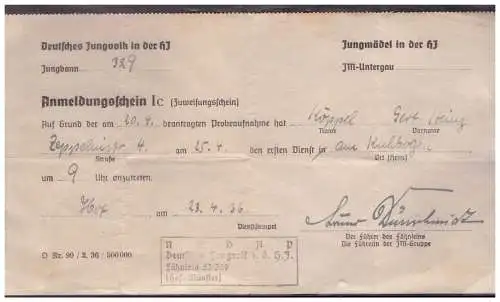 DT-Reich (023485) Propaganda Anmeldeschein Ic Deutsches Jundvolk in der HJ Fähnlein 57/ 329 Hof vom 23.4.1936