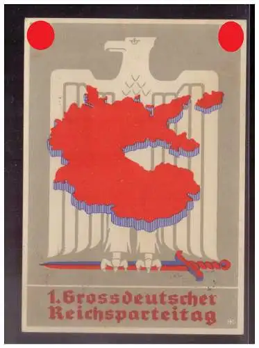 [Propagandapostkarte] Dt- Reich (W00258) Propagandakarte 1.Großdeutscher Reichsparteitag Nürnberg 1938, mit 3 versch. blanco Sonderstempel. 