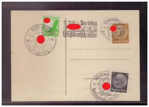 [Propagandapostkarte] Dt- Reich (W00258) Propagandakarte 1.Großdeutscher Reichsparteitag Nürnberg 1938, mit 3 versch. blanco Sonderstempel. 