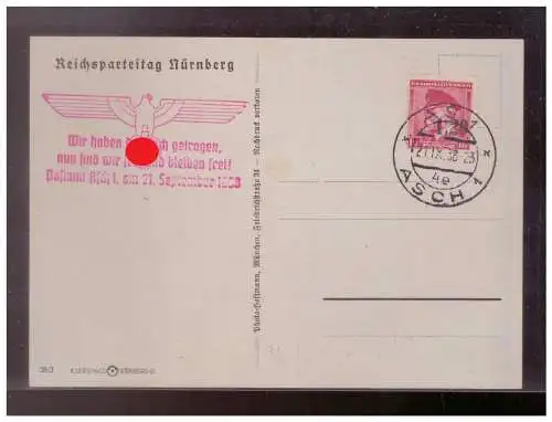 [Propagandapostkarte] Dt- Reich (W00263) Propaganda Hoffmannkarte Reichsparteitag Nürnberg 1938, Blanco gest. mit Befreiungsstempel BM Asch. 