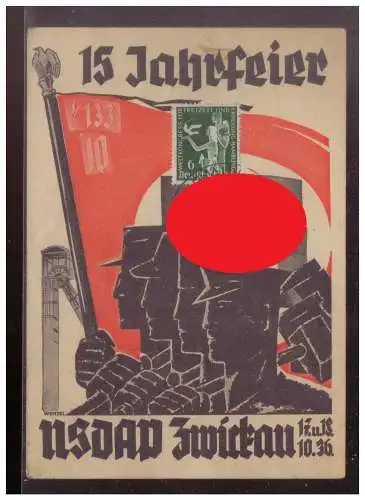 [Propagandapostkarte] Dt- Reich (W00264) Propaganda 15 Jahrfeier NSDAP Zwickau 1936, gelaufen mit Sonderstempel 19.10.1936. 