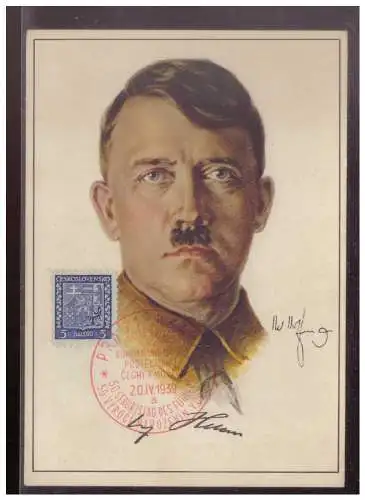 [Propagandapostkarte] Dt- Reich (W00269) Propaganda Hoffmannkarte, Hitler farbig mit Böhmen und Mähren Geburtstagsstempel 20.4.1938, ungeb. 
