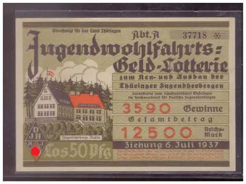 Dt- Reich (W00270) Propaganda Lotterielos Jugendwohlfahrts=Geldlotterie, Thüringer Jugendherbergen 1937,HJ Hitlerjugend