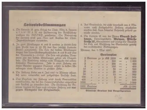 Dt- Reich (W00270) Propaganda Lotterielos Jugendwohlfahrts=Geldlotterie, Thüringer Jugendherbergen 1937,HJ Hitlerjugend