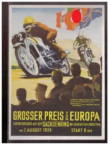 [Propagandapostkarte] DT- Reich (W002834) Propagandakarte Großer Preis von Europa am 7.8.1938, Sachsenring, blanco gest. mit passendem SST. 