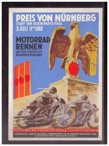 [Propagandapostkarte] DT- Reich (W00285) Propagandakarte Großer Preis von Nürnberg Motorradrennen 1938, blanco mit passenden SST. 