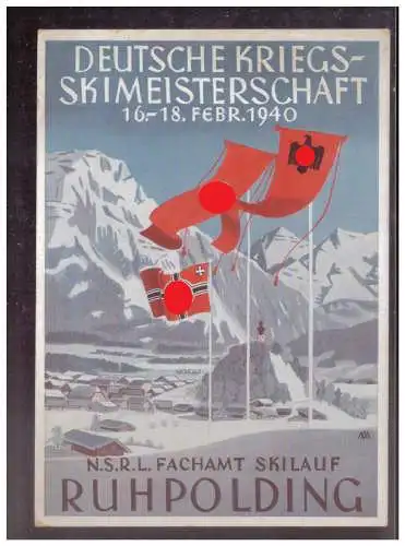 [Propagandapostkarte] DT- Reich (W00286) Propagandakarte Deutsche Kriegsskimeisterschaft Ruhpolding 1940, gelaufen mit passenden SST. 