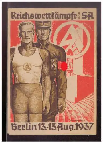 [Propagandapostkarte] DT- Reich (W00288) Propagandakarte Reichswettkämpfe der SA Berlin 1937, mit SSt, Karte hat Mängel. 