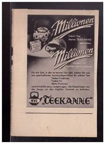 Dt.- Reich (023539) Zeitungsausschnitt der Fa Teekanne Tee aus Fernost abgabe verboten, führt Ersatzprodukte ein 1942