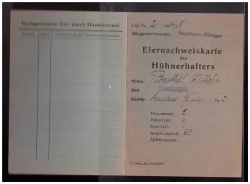 Dt- Reich (023561) Eiernachweiskarte des Hühnerhalters Stadt Kneuttlingen nicht gebraucht