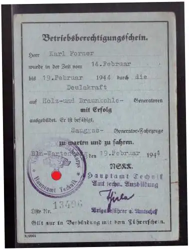 Dt- Reich (023573) Betriebsberechtigungsschein NSKK für Holz und Braunkohle Generatoren, und Berechtigung für das fahren 