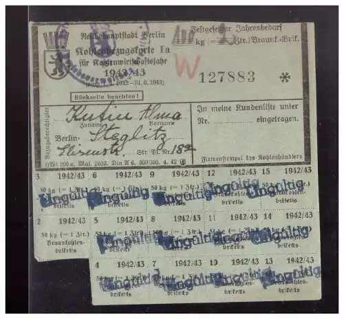 Dt- Reich (023574) Teil eines Bezugsschein für Braunkohle Briketts der Reichshauptstadt Berlin