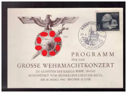 [Propagandapostkarte] Dt- Reich (023591) Propaganda Gedenkblatt Programm Grosse Wehrmachtskonzert WHW am 28.3.1942, SST von 29.3.1942. 