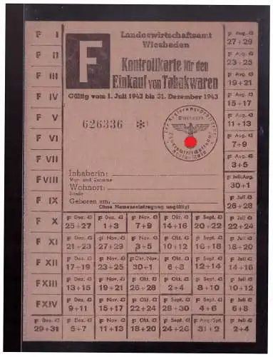 Dt- Reich (023616) Bezugskarte Einkauf von Tabakwaren für Frauen 1943, Landeswirtschaftsamt Wiesbaden