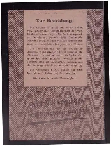 Dt- Reich (023616) Bezugskarte Einkauf von Tabakwaren für Frauen 1943, Landeswirtschaftsamt Wiesbaden