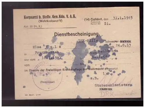 Dt- Reich (023836) Dienstbescheinigung Korpsarzt, DRK Schwester, von Gaildorf am 31.1.1945