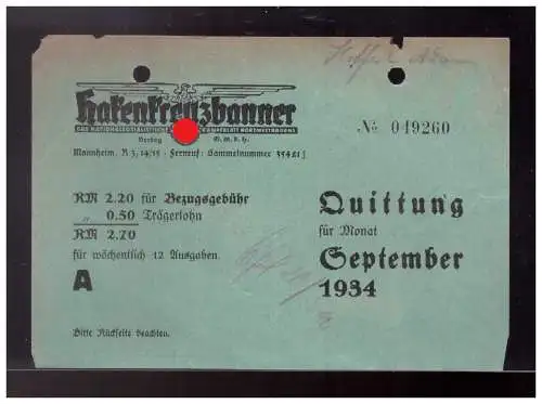 Dt- Reich (023837) Rechnung Bezugsgebühr, Trägerlohn Hakenkreuzbanner Quittung September 1934, RS Anzeigen- Werbung