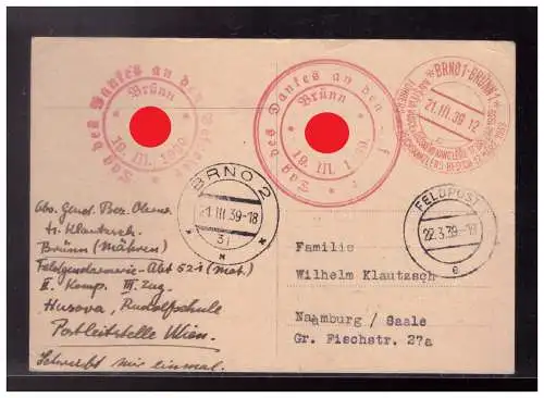 [Propagandapostkarte] BM (023916) Propagandapostkarte Feldgandarmarie- Abt 521 mot, gelaufen mit div SST am 21.3.1939 Brünn. 