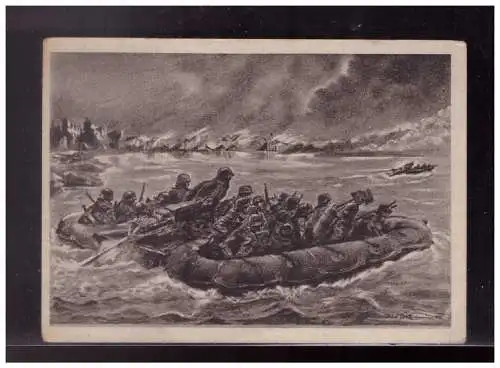 [Propagandapostkarte] Dt- Reich (024007) Propagandakarte Pioniere erkämpfen mit Sturmbooten und Sclauchbooten den Flußübergang, ungebraucht. 