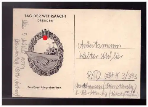 [Propagandapostkarte] Dt- Reich (024159) Propaganda AK Zewrstörer Kriegsabzeichen, Tag der Wehrmacht Dresden, beschrieben nicht gelaufen. 