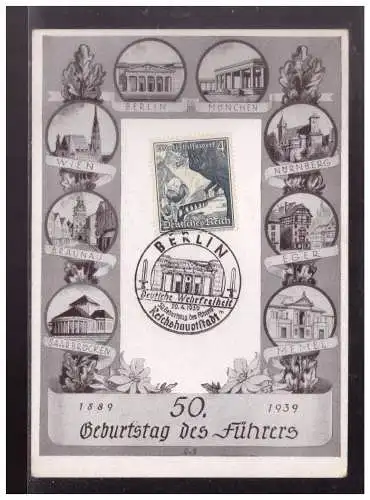 [Propagandapostkarte] DT- Reich (024196) Propaganda Gedenkblatt 50.Geburtstag des Führers 20.4.1939, passenden .SST Berlin. 