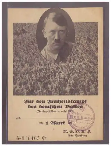 [Propagandapostkarte] DT- Reich (W00298) Propaganda Spendenkarte für den Freiheitskampf des deutschen Volkes, Reichspräsidentenwahl 1932 gest. 