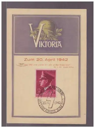 [Propagandapostkarte] DT- Reich (W00302) Propagandakarte Viktoria zum 20.4.1942, Geburtstag Hitler mit SST Braunau, gel. Plauen am 7.5.1942. 